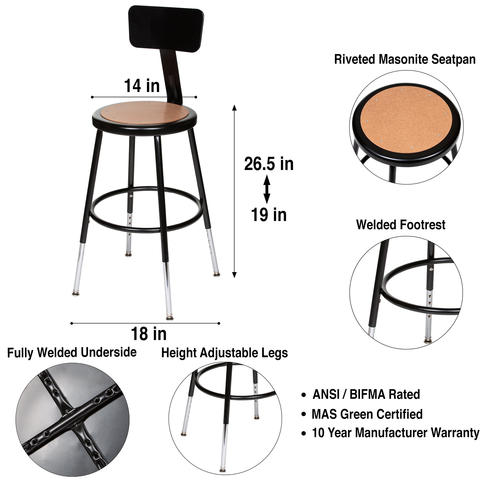 Hampden Furnishings Flynn 19-27" Adjustable Steel Science Stool with Backrest, Black, 2 Pk
