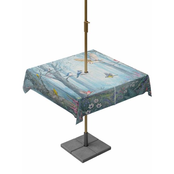 Outdoor Tablecloth with Umbrella Hole for Patio/Picnic/Party/Camping, Watercolor Forest Birds Waterproof Table Cloth Square Cover Washable, Blue Trees Seasonal Floral (60"x 60")