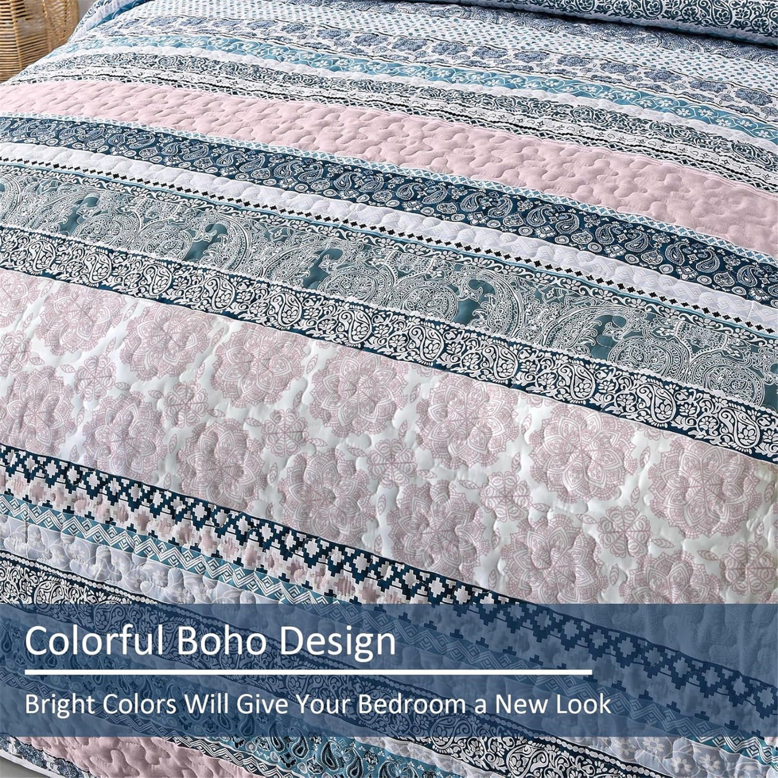 Dintszyayue Bohemian Quilt Set King Size, 3 Pcs Stripe Bedding Sets Lightweight Adult(90"x110")