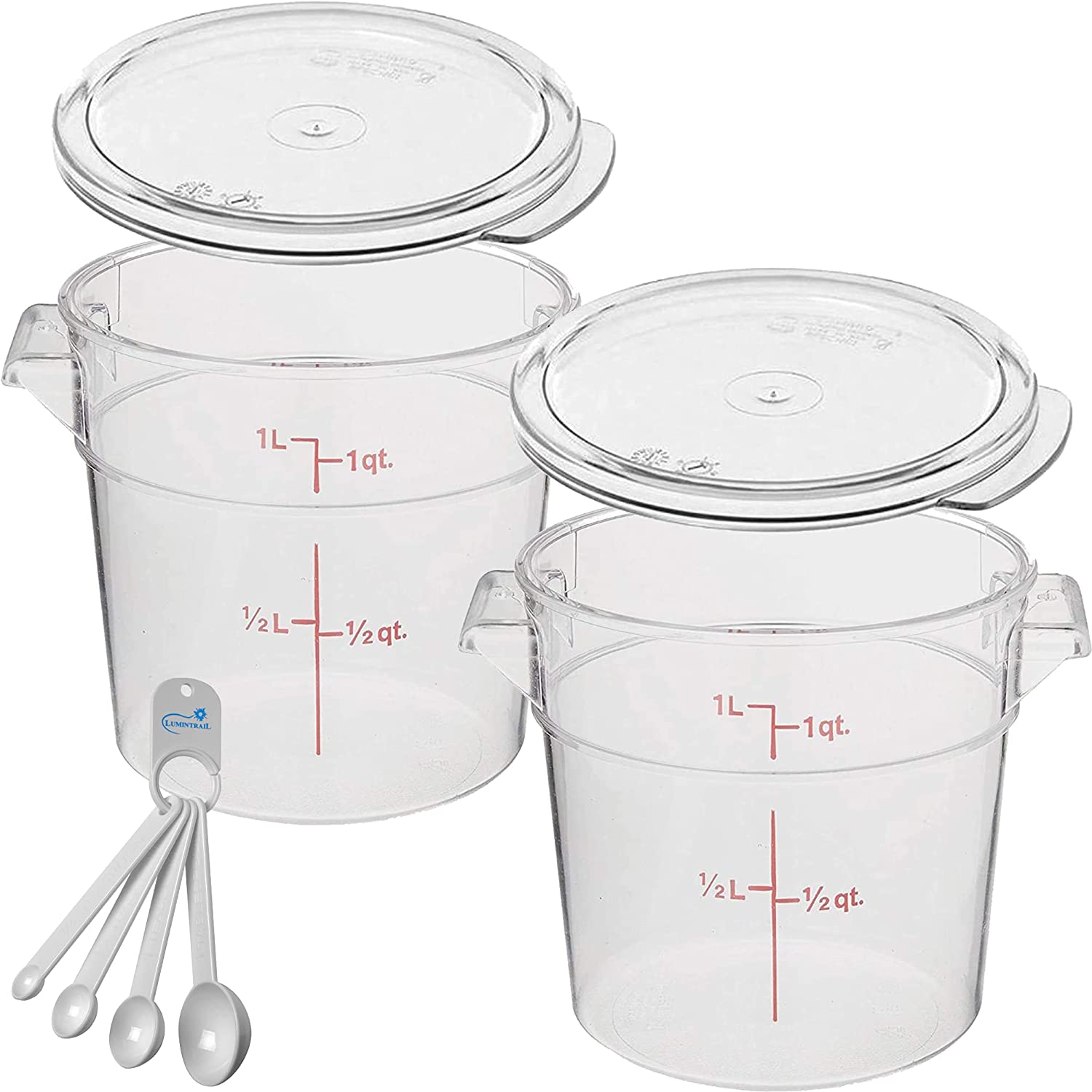 Cambro 1 Quart Round Food Storage Container, 2 Pack Clear, with 2 Clear Lids, Bundle with a