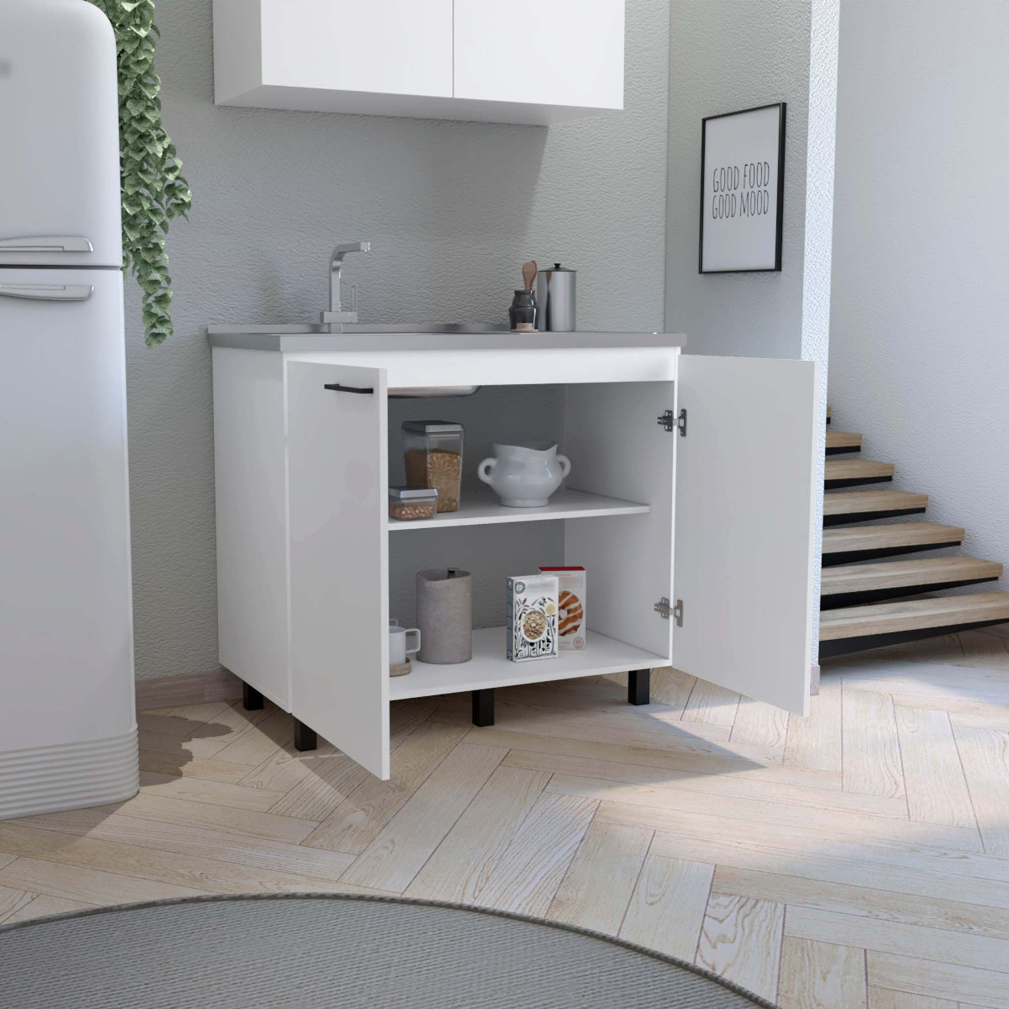 Newboti Furniture Napoles 2 Utility Sink with Cabinet, Stainless Steel Countertop, Interior Shelf-White 32377