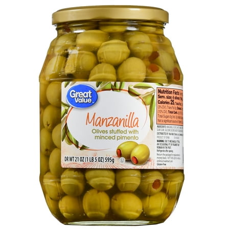 (2 Pack) Great Value Manzanilla Olives Stuffed with Minced Pimiento, 21 (Best Cheese With Olives)