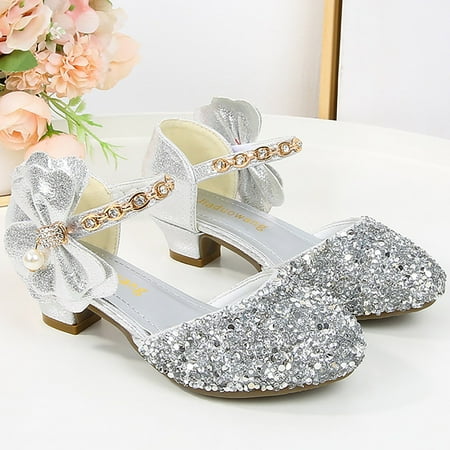 

Wedding Guest Sandals for Girls Silver School Low Heeled Shoe Dress Shoes Rhinestone Bows Heel Princess Flower Party Toddler Little Kid 35