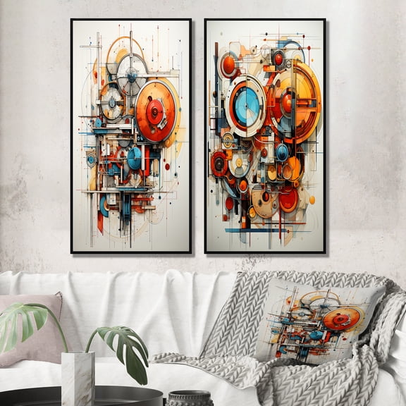 Designart "Assemblage Geometric Constructivism Dynamic painting II" Constructivism Framed Wall Art Set Of 2 - Multi-Color Abstract Framed Canvas Set For Living Room Decor