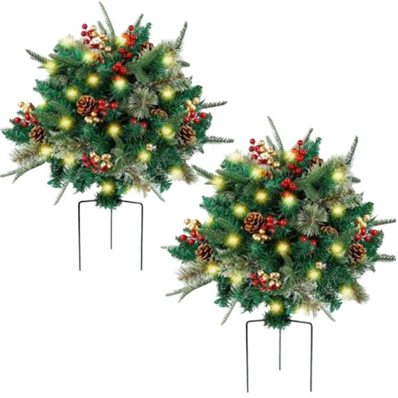 Lighted Artificial Christmas Urn Filler, Pre-lit Xmas Pine Trees with Cones, Golden & Red Berries, Tripod Stake and LED Lights, Outdoor Light Up Planter Filler Holiday Home Decor, 2 Pack