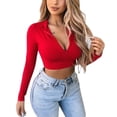 thumbnail image 1 of KOMOO Women Half Zipper T-Shirt Long Sleeve Crop Tops Slim Solid Color Short T-Shirt, 1 of 3