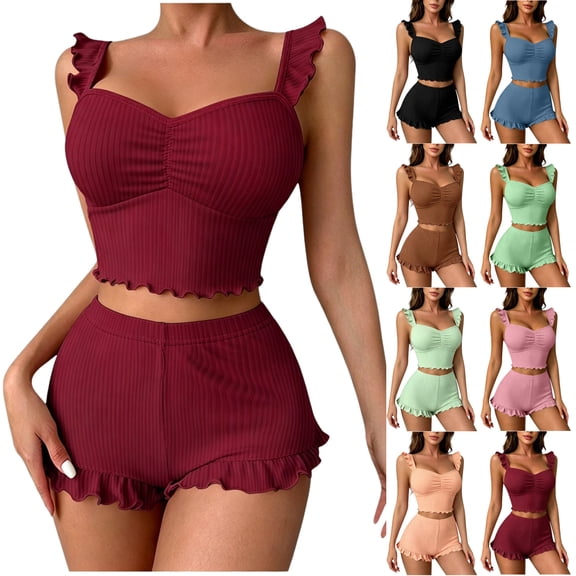 LEKEK Pajamas for Women Set Ribbed Ruffle Cute Cami Pajama Set Crop Tops and Shorts Slim Fit Solid Lounge Wear Summer Soft 2 Piece Sleepwear
