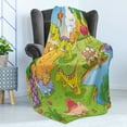 thumbnail image 4 of Cartoon Soft Flannel Fleece Throw Blanket, Style Animals in Prehistoric Scene Meadow Trees and Flowers, Cozy Plush for Indoor and Outdoor Use, 60" x 80", Pale Coffee Lime Green, by Ambesonne, 4 of 5