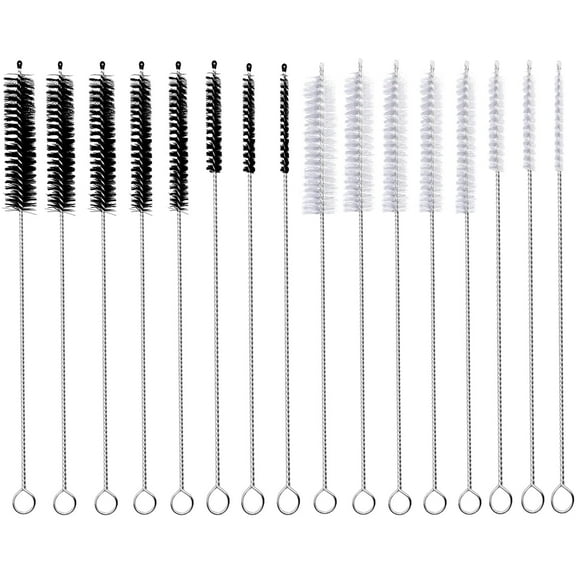 16 Pack Drinking Straw Cleaner Brushes, 8 Inch Extra Long Straw Cleaning Bottle Brush Stainless Steel Reusable Nylon Tube Pipe Brush Tool Set, 8 Sizes, White & Black