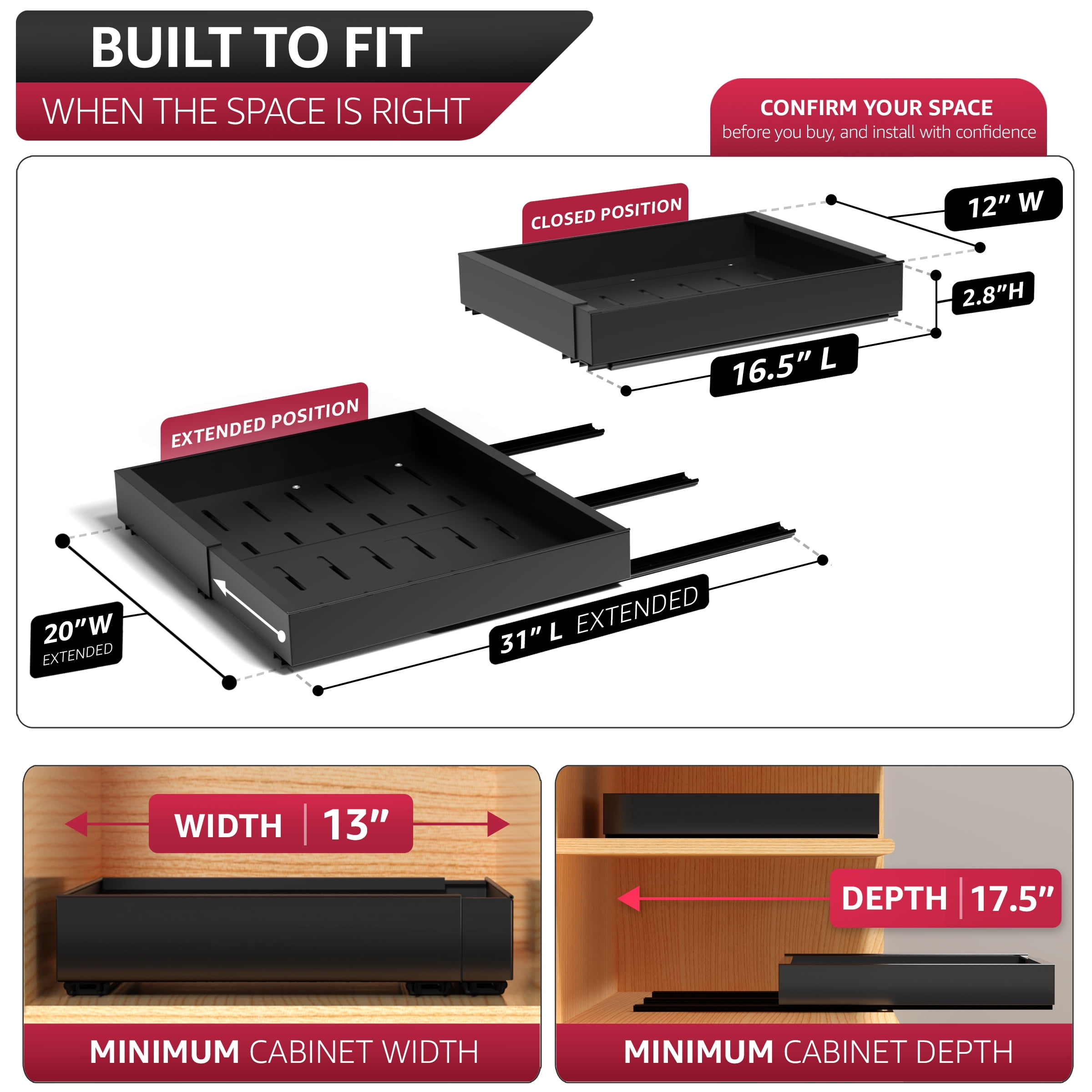 Sorbus Pull-Out Sliding Storage Rack, No-Drill Adjustable Shelf, Metal Grid Drawer, Black, 2 Pack