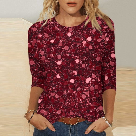 YueHuiYing Womens Sparkly Sequin Tops 3/4 Sleeve Glitter Party Dressy Blouse,V-Neck Disco Evening Club Concert Shirt