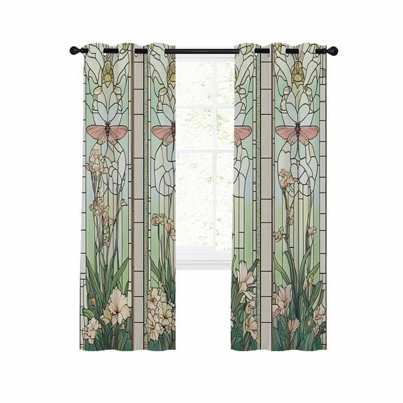 Butterfly Stained Glass Blackout Curtains 45 Inches Long for Bedroom,Summer Dragonfly Botanical Vintage Thermal Insulated Room Darkening Black Out Window Curtain Panels Grommet Drapes for Living Room
