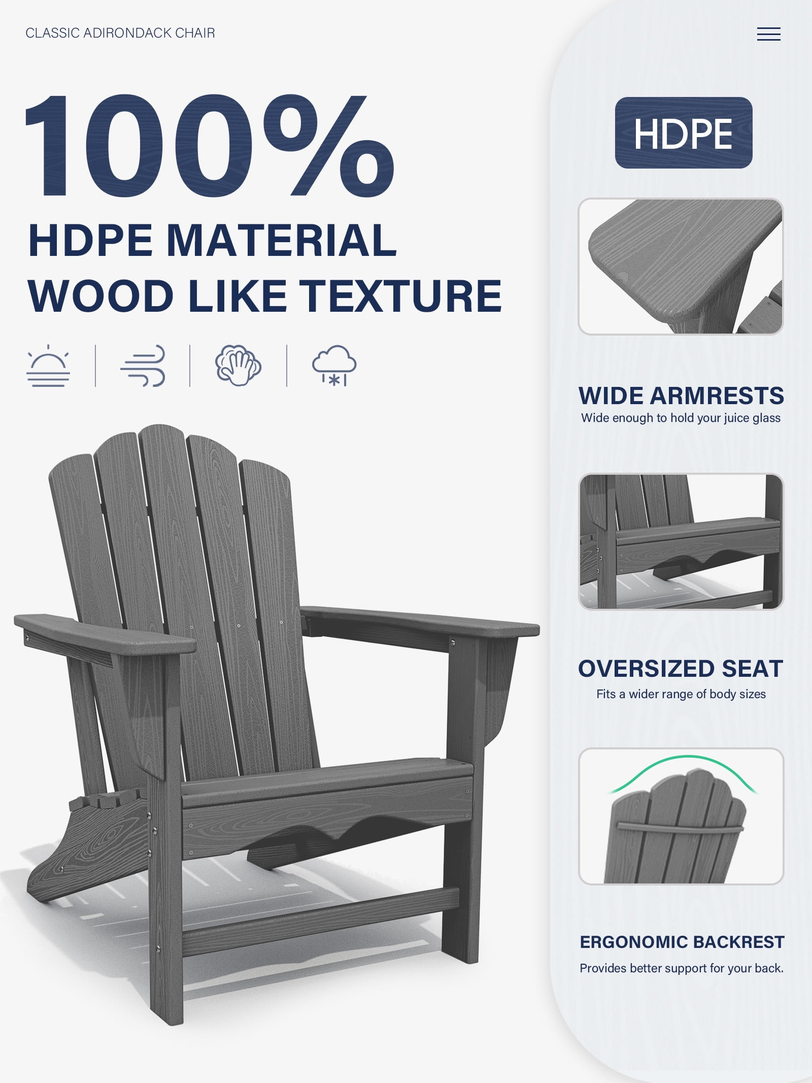 KINGYES HDPE Adirondack Chair, All-Weather Outdoor Fire Pit Chairs for Patio Deck Lawn, Grey