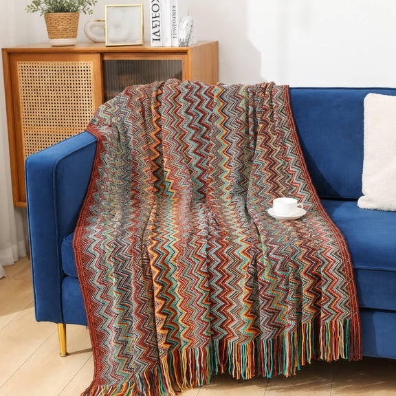 Bohemian Chevron Knit Throw Blanket with Tassels — 50" x 70"