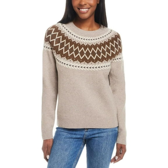 Weatherproof Vintage Women's Fairisle Ribbed Cuffs & Hem Sweater,Tan, Size XL