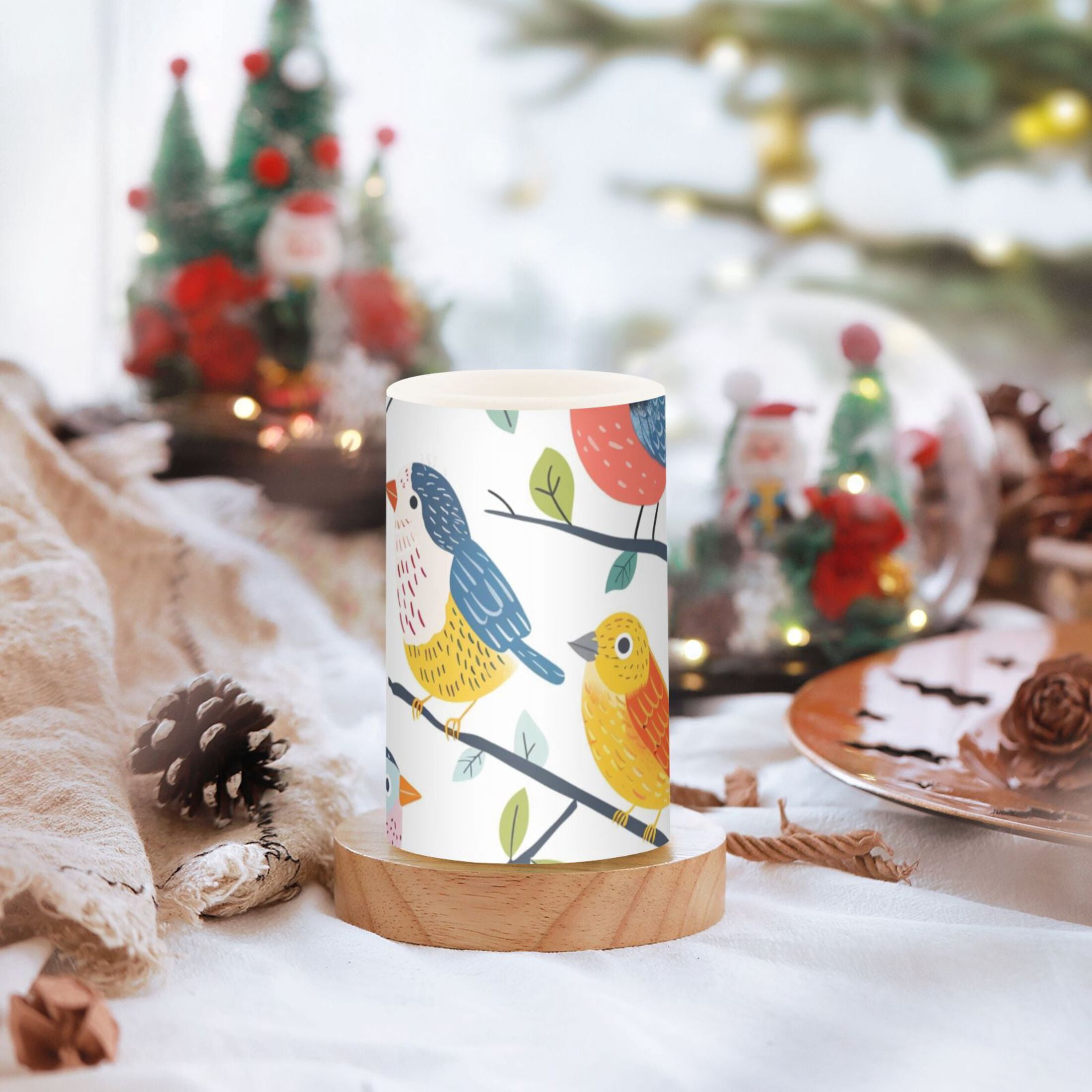 Birds on Branches with Green Leaves Flickering Flameless Candles LED Tealight Battery Operated with Remote Set of 2 Holiday Decor Ornaments