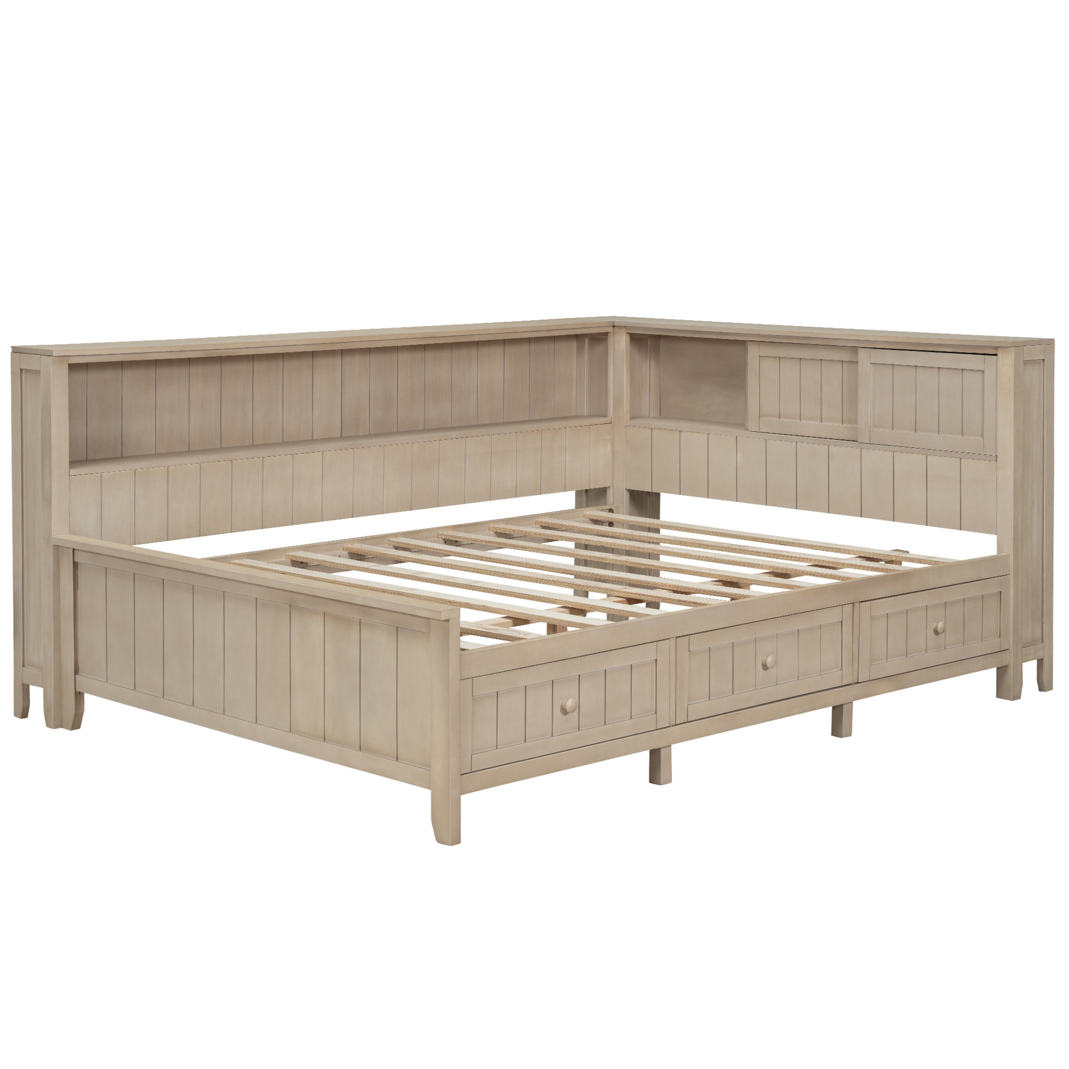 Noble House Full Daybed with Storage Drawers and Shelves, Wood Guest Bed Frame with Sliding Doors, Antique White
