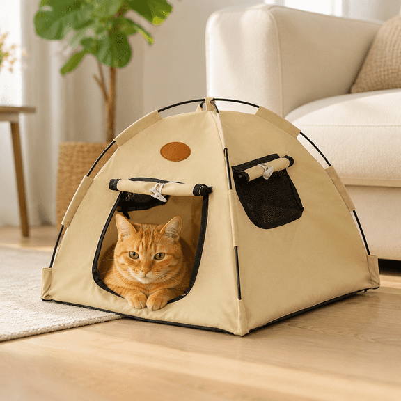 Pet Tent Cats Dog Bed Portable Folding Cat Shelter Tent Insect Proof Ventilated Breathable Mesh Pet Nest Detachable Cleanable for Cat Puppy Pets Use 13.78x13.78x11.81in Beige S
