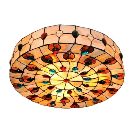 

Oukaning 20 inch Round Tiffany Style Light Stained Glass Flush Mount Ceiling Lamp Fixture 3-Light