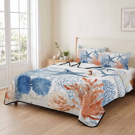 Marine Life Blue Coral Starfish 3 Pieces Quilt Set,1 Quilt with 2 Shams,Summer Ocean Theme Bedspread Soft Lightweight Bedding Coverlet Comforter Set for All Season 90"x96"