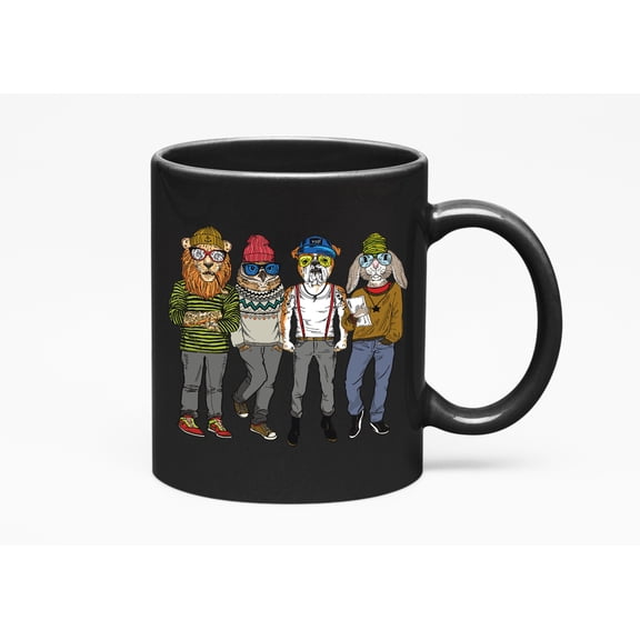 Hipster Lion, Owl, Bulldog And Rabbit. Cool Graphic Animals Print, Black 11oz Ceramic Mug