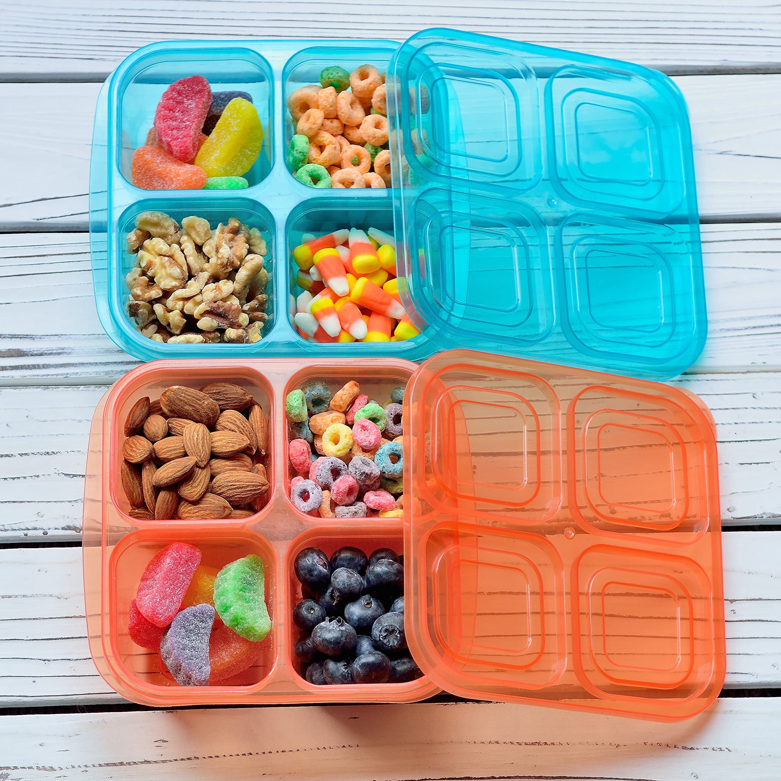 Youngever 8 Pack 4-Compartment Reusable Snack Box Food Containers, Bento Lunch Box, Meal Prep Containers, Divided Food Storage Containers (Rainbow Color Container)