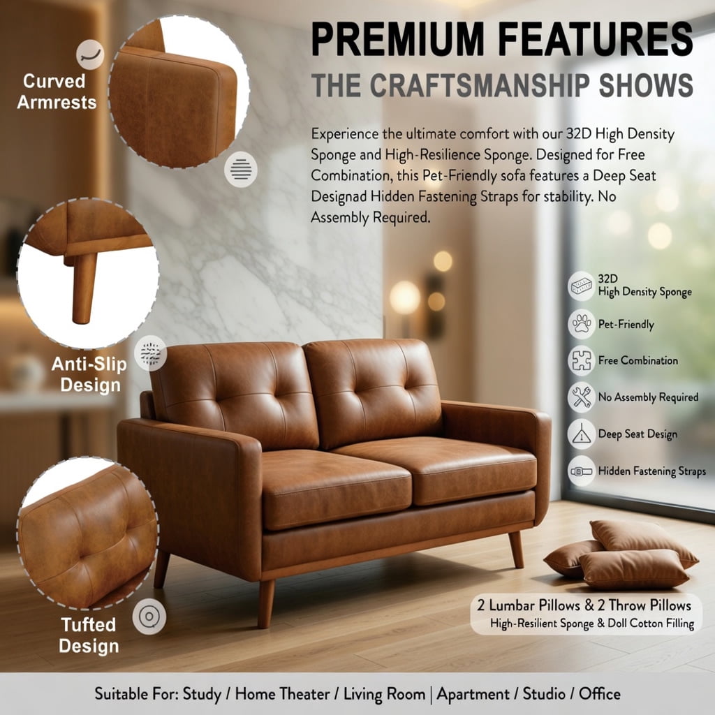Hommoo 65" Mid-Century Modern Two-Seater Sofa, Breathable Polyester Fabric, Solid Wood Legs, Easy Assembly, Diamond-Quilted Back Support, Light Brown