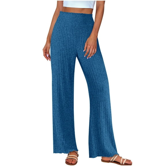 Dvprdro ‌Womens Lounge Pants Stretchy Ribbed Waistband Cozy Knitted Long Sleepwear Soft Comfortable Flowy Wide Leg Elastic Waist Long Pajama Bottoms‌ Blue S