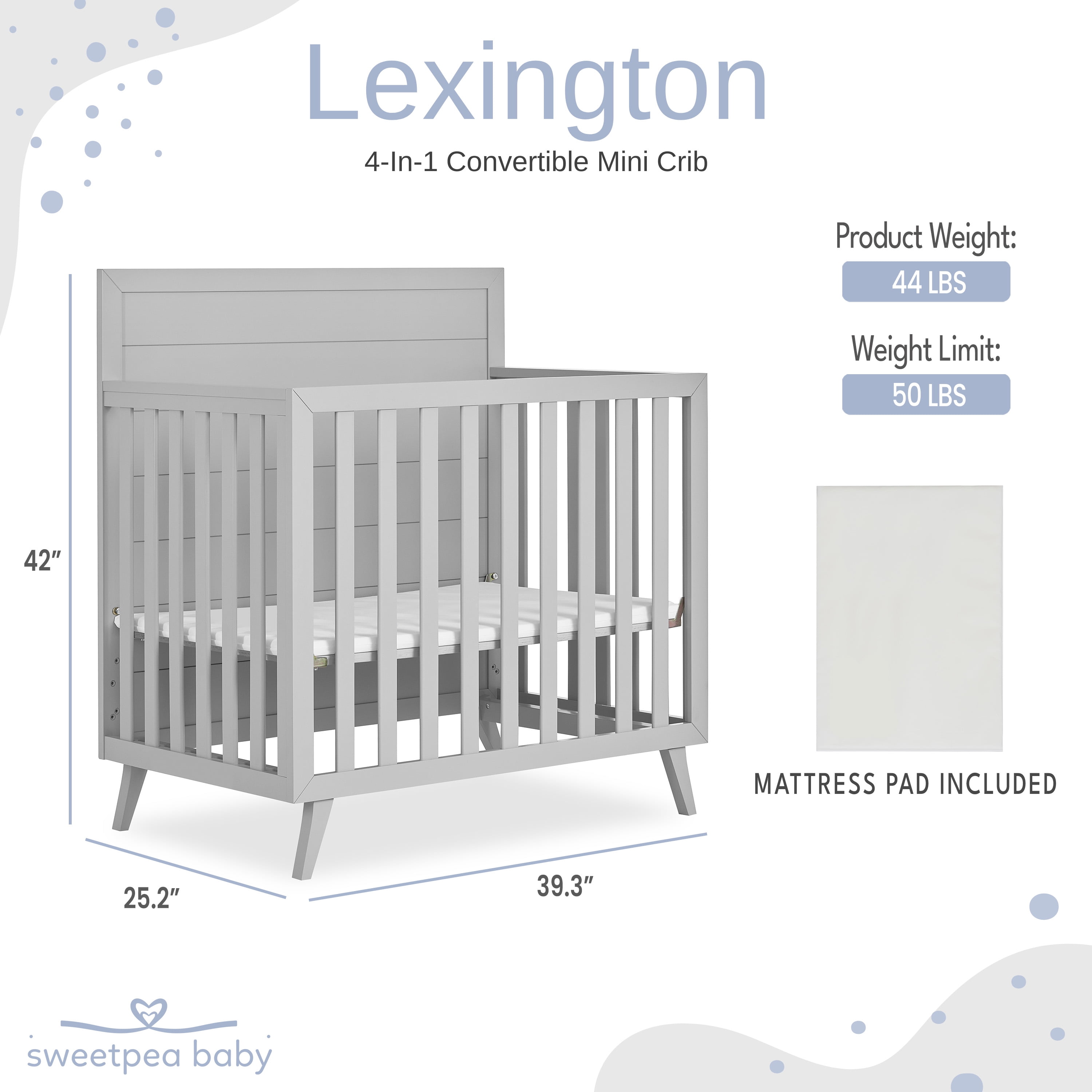 Dream On Me Lexington 4 in 1 Convertible Mini Crib, Sustainable New Zealand Pinewood, Pebble Grey