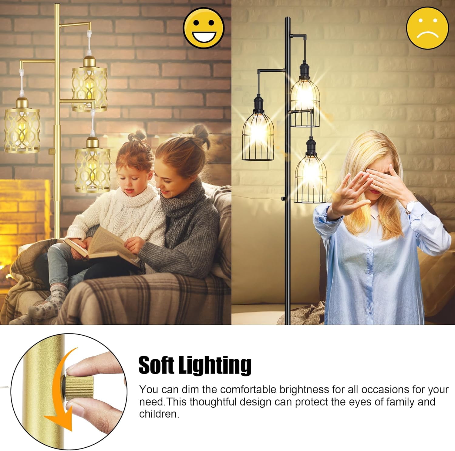 68" Gold Floor Lamp, Dimmable Industrial Floor Lamps for Living Room, 3 Light Rustic Standing Tall Lamp Including 3 PCS 6W E26 Bulbs, Farmhouse Tree Floor Lamp for Bedrooms, Office, Bar