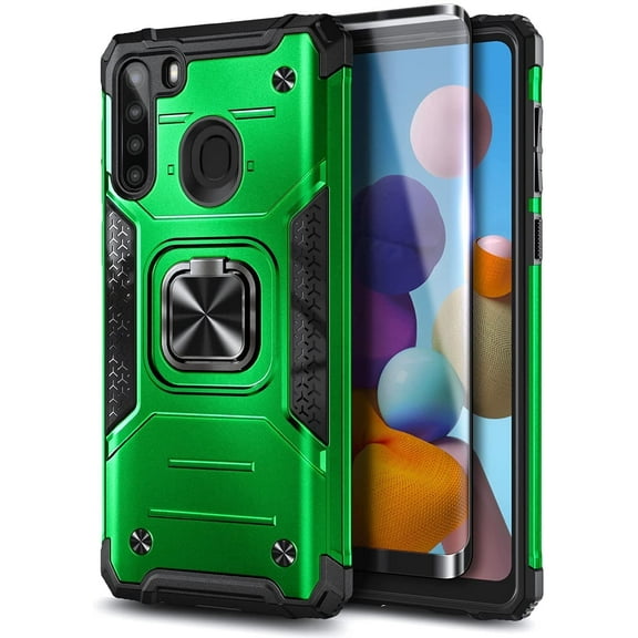 Nagebee Case for Samsung Galaxy A21 with Tempered Glass Screen Protector (Full Coverage), Full-Body Protective [Military-Grade], Magnetic Car Mount Ring Holder, Heavy-Duty Durable Case (Green)