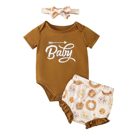 

Calsunbaby Newborn Baby Girls 3pcs Outfits Set Short Sleeve Romper Tops Summer Sun Shorts Headband Clothes Brown 6-12 Months