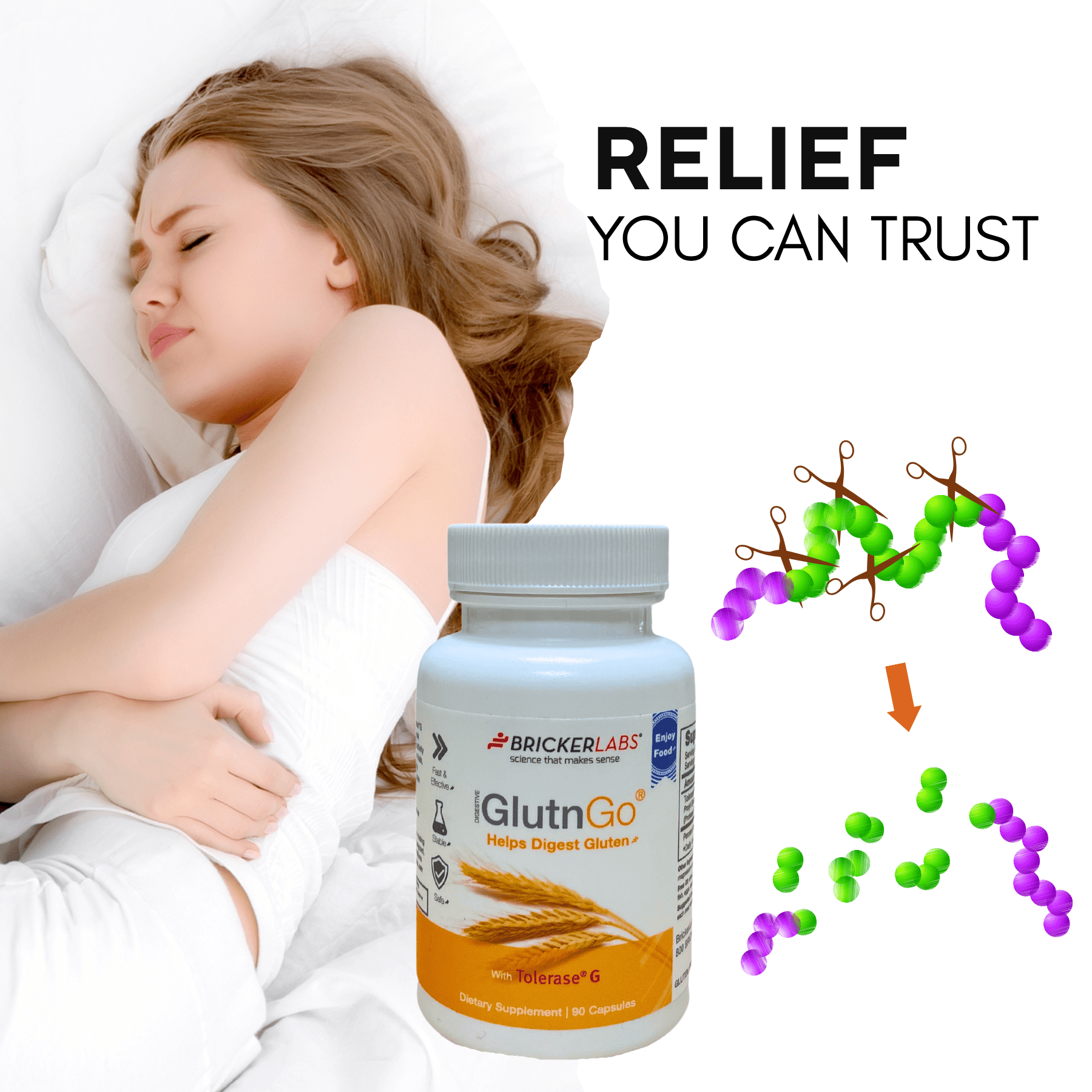 GlutnGo with Tolerase G 100mg – Gluten Digestive Enzyme Supplement, 90 Capsules