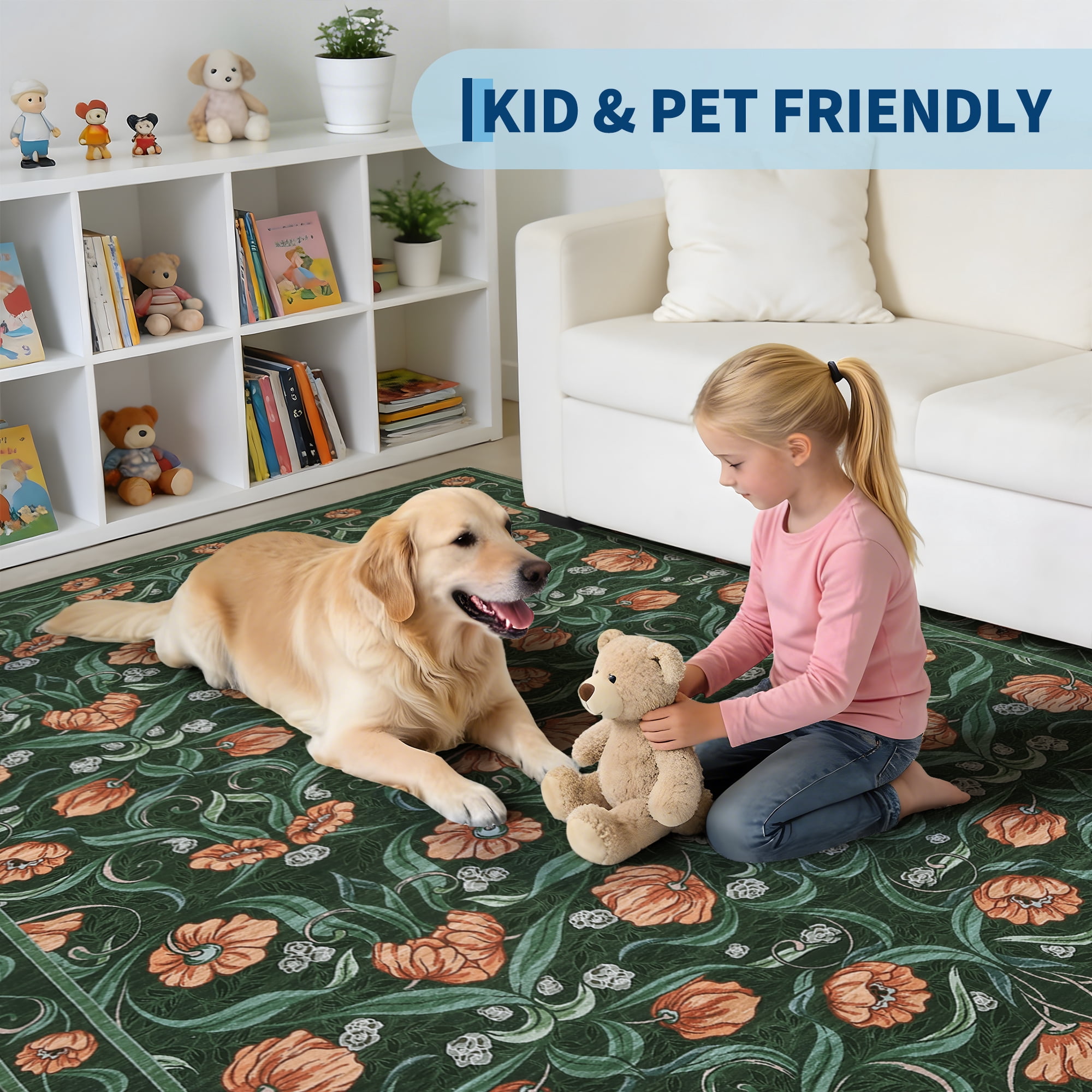 Memoryfield Modern Floral Area Rug 6' x 9', Washable Floor Cover, Soft Low-Pile Non-Slip Carpet, for Living Room Bedroom Dining Room, Dark Green
