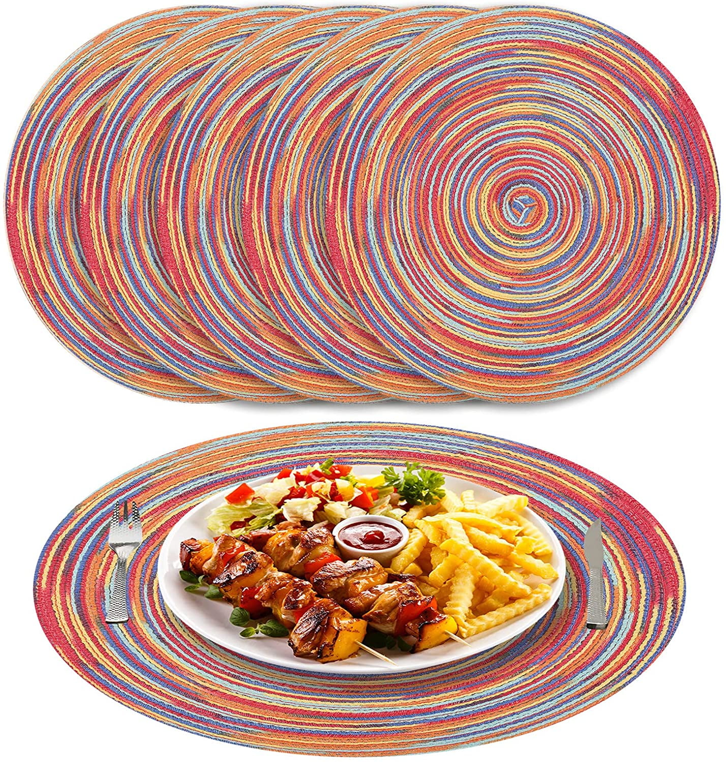 6pcs Round Braided Placemats Decorative Colorful Placemats for Dining