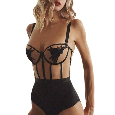 

Qiylii Lingerie for women Sexy One-Piece Suit Flower Pattern See-through Backless Sleeveless Sling Bodysuit for Nights