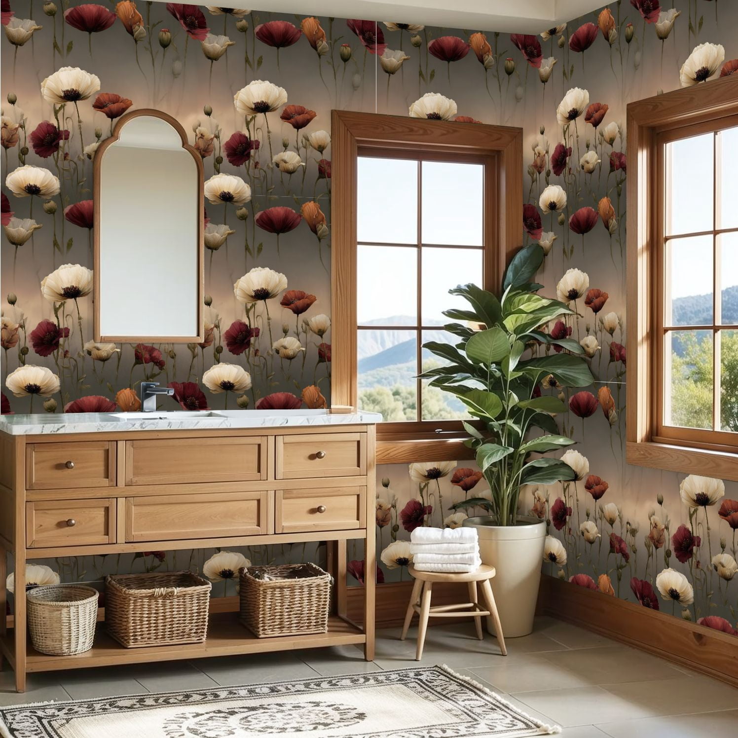 Vintage Peel and Stick Wallpaper Poppy Field Twilight Serene Glowing Blooms Soft Petal Wall Mural 23.6in x 9.8ft Self Adhesive Removable Wall Paper Floral Contact Paper for Nursery Bedroom Cabinets