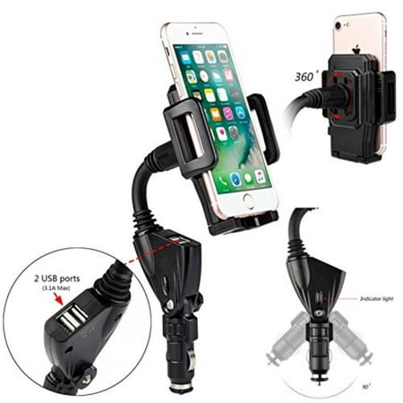 Universal Car Mount Holder Dual USB Port Cigarette Lighter Socket Car Charger Mount Holder for Cell Phone Smartphones By