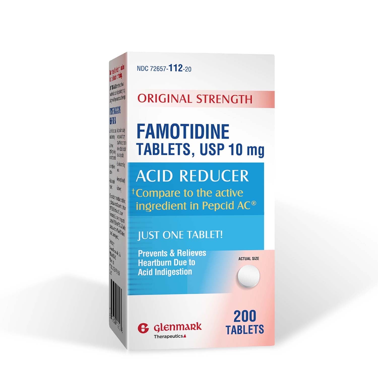 Glenmark Original Strength Famotidine Tablets, 10 mg, Acid Reducer for Heartburn Relief, 200 Count