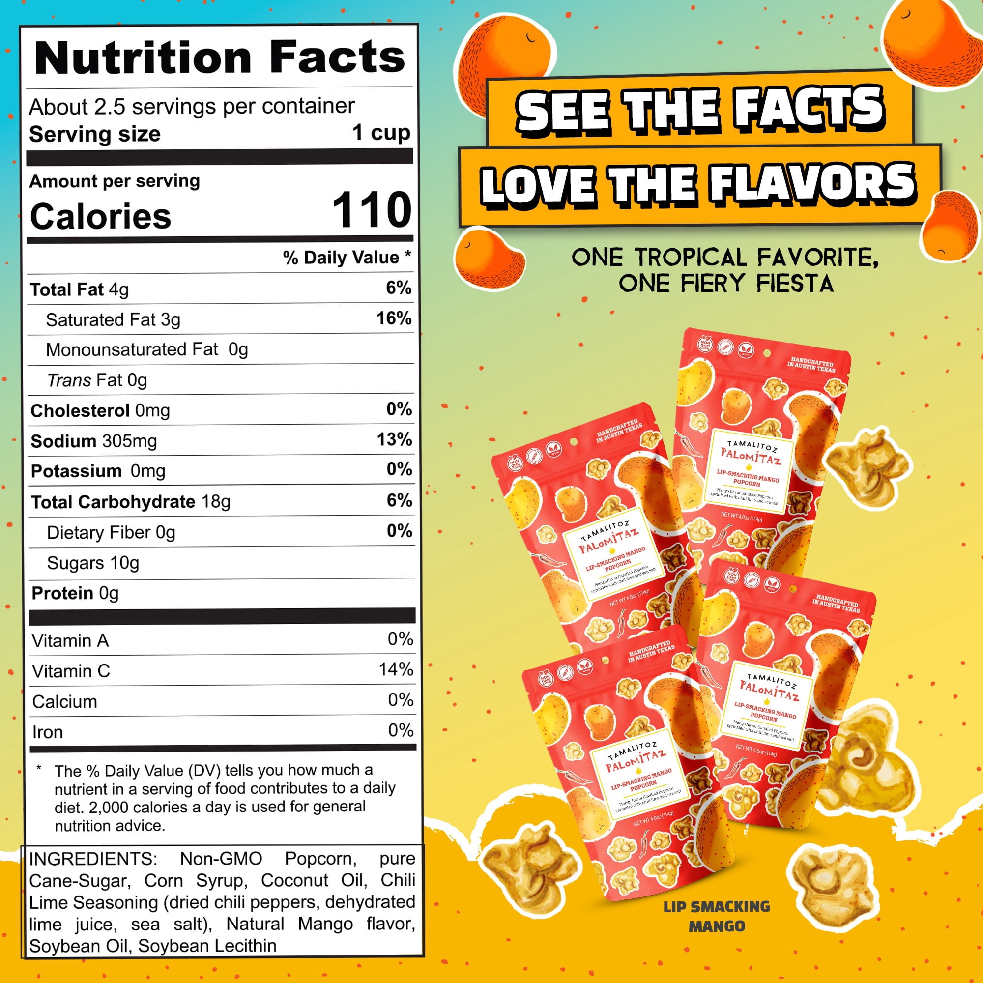 Palomitaz Lip-Smacking Mango Popcorn Sweet & Spicy Mexican-Style Kettle Corn with Mango, Chili, Lime & Sea Salt Fruity Handcrafted Snack, Gluten-Free, Vegan, No Artificial Color, 4 Bags 4oz Each