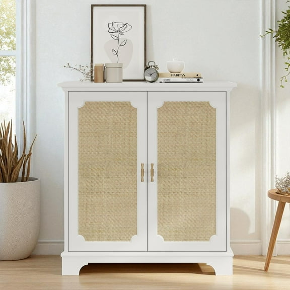 GZXS Modern Farmhouse Accent Cabinet with 2 Natural Rattan Doors, 31" Wooden Storage Sideboard with Adjustable Shelf and Solid Wood Feet for Kitchen, Living Room, Entryway (White)