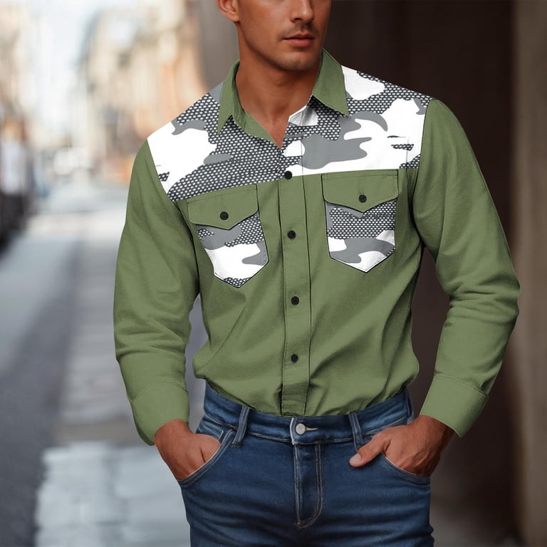 SERTG Men's Camouflage Print Shirt Fall Winter Long Sleeve Button-Down  Collar Front Button Double Pockets Breathable Casual Shirt(Green,3XL)