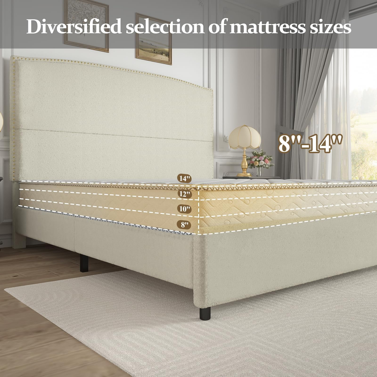 4 EVER WINNER Queen Bed Frame with 56" Tall Headboard, Queen Size Bed Fwith Nailhead Trim Headboard, Queen Upholstered Platform Bed, Beige
