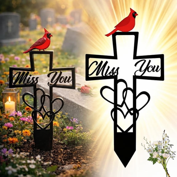 Metal Memorial Plaque with Cardinal, Weatherproof Cemetery Grave Marker, Remembrance Garden Stake with Cross & Heart