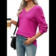 thumbnail image 2 of Suéter Informal de Larga con Cuello en V, Tejido Acanalado y Crochet Ligero para Mujer (Otoño 2025) Rosa Roja M, 2 of 7
