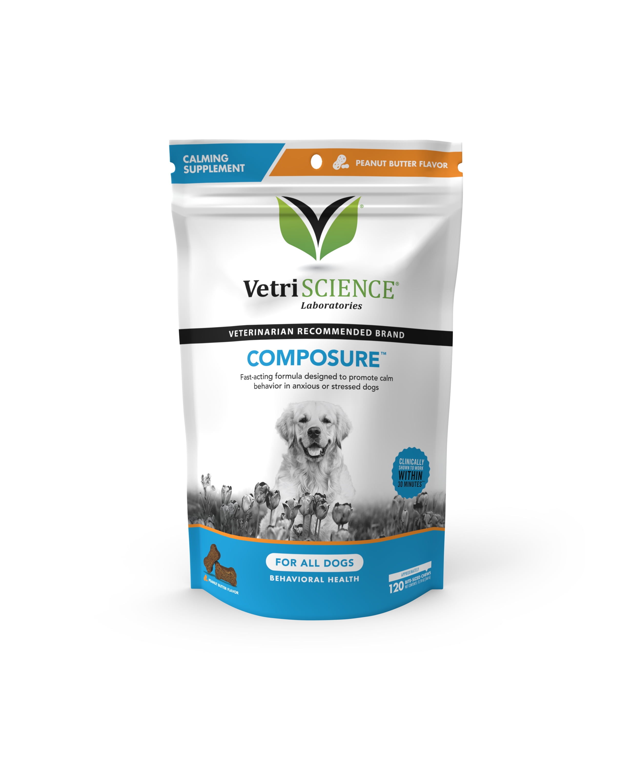 VetriScience Composure for Dogs, Calming Behavior and Anxiety Support, BiteSized Peanut Butter