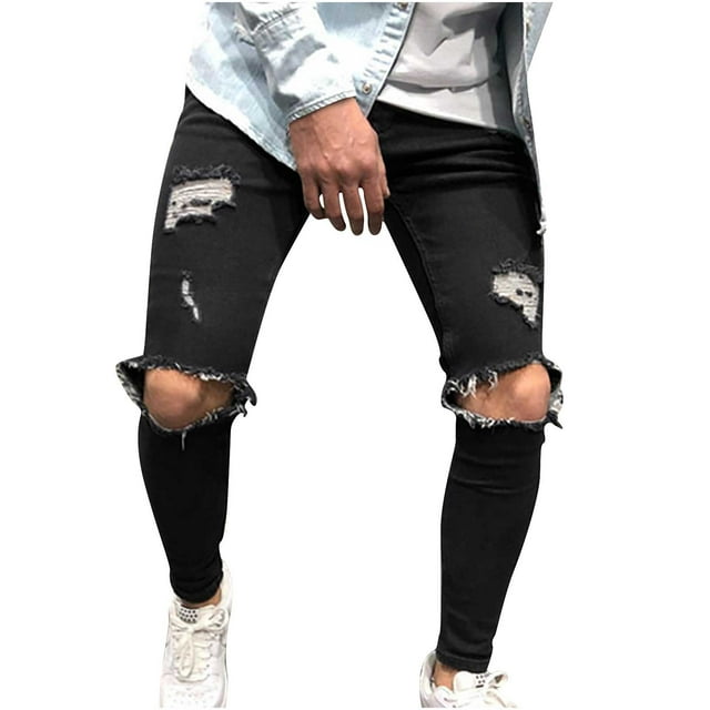 RKSTN Pants for Men Fall Casual Fashion Solid Button Zipper Custom Fit Irregular Ripped Loose Trousers Straight Leg Pants
