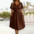 thumbnail image 2 of PBFRDSJ Bridesmaid Dresses for Wedding Elegant V Neck Flowy A Line Dress Womens Midi Length Pleated Puff Sleeve Modest Long Sundress, 2 of 5