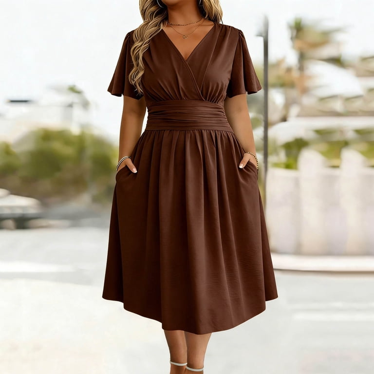 modest brown bridesmaid dresses PBFRDSJ for Wedding Elegant V Neck Flowy A Line Dress Womens Midi Length Pleated Puff Sleeve Long Sundress The model is 58