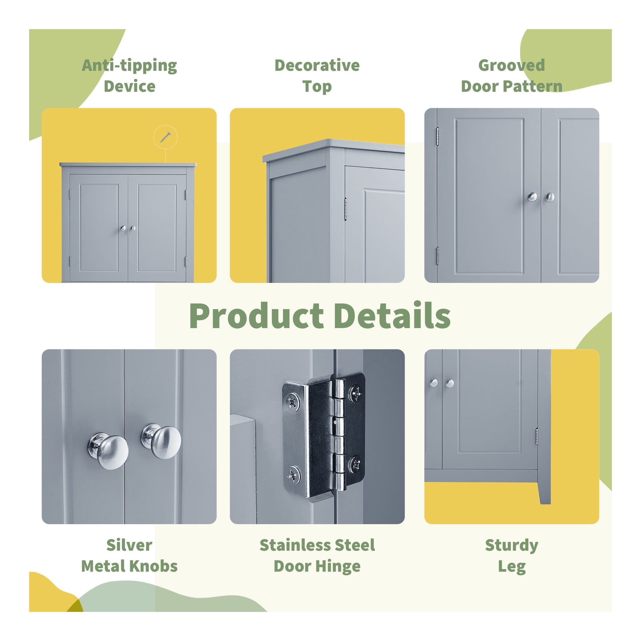GDF Studio 23.6" Elegant Bathroom Floor Cabinet with 4 Doors, Storage Organizer, Adjustable Shelf, Gray